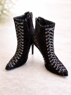 Black Velvet Lace-Up Heeled Boots Pointed Toe Stiletto Gothic Victorian Style